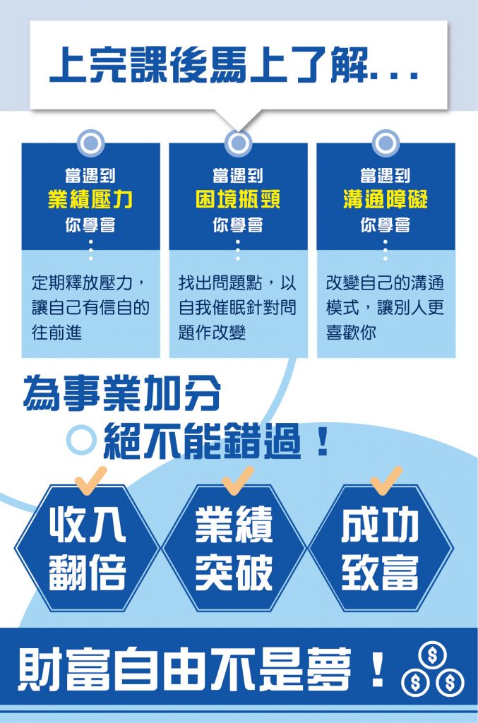 這是一張課程宣傳海報，教導應對業績壓力、瓶頸困境及溝通障礙，幫助學員實現收入翻倍與業績突破