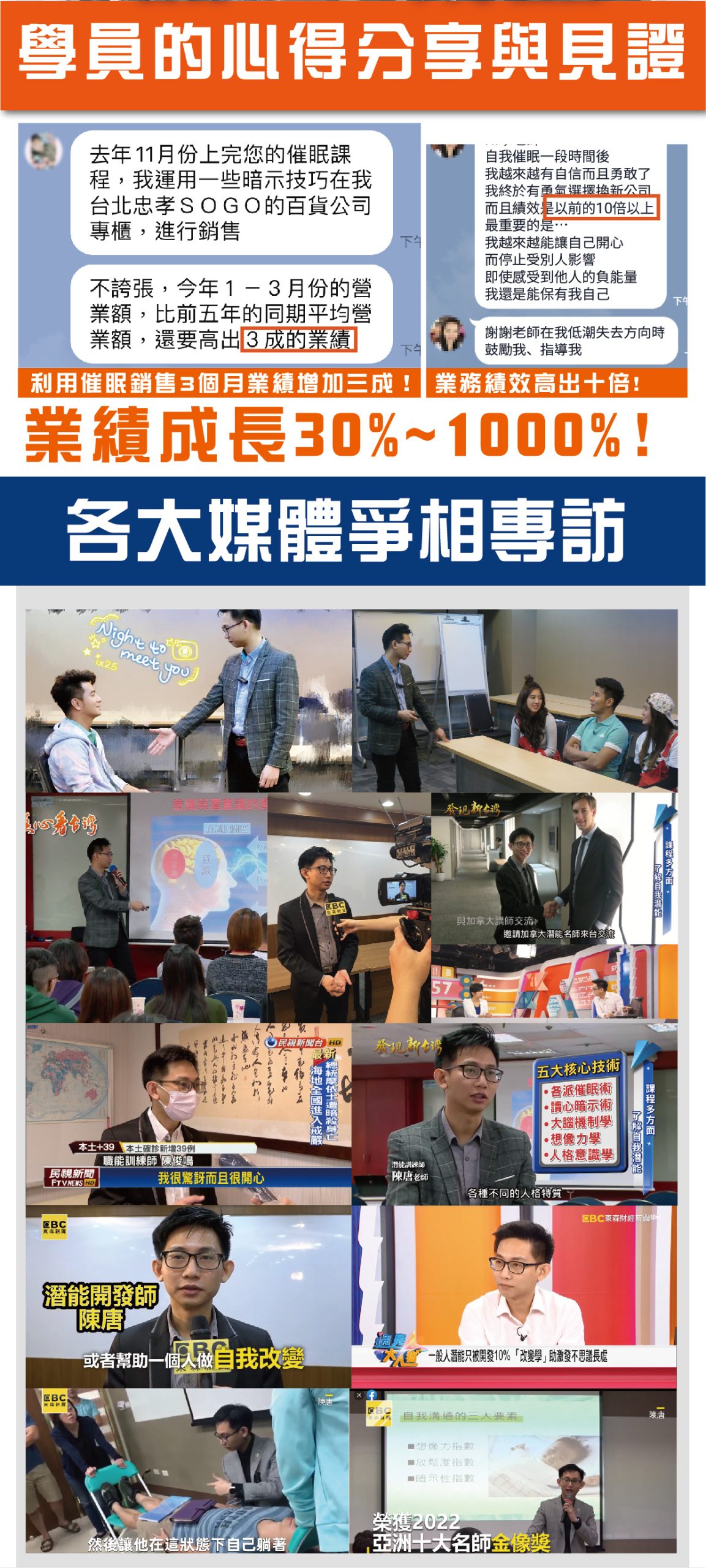 學員的心得分享與見證，顯示業績成長30%至1000%的效果，以及陳唐老師接受多家媒體專訪的畫面