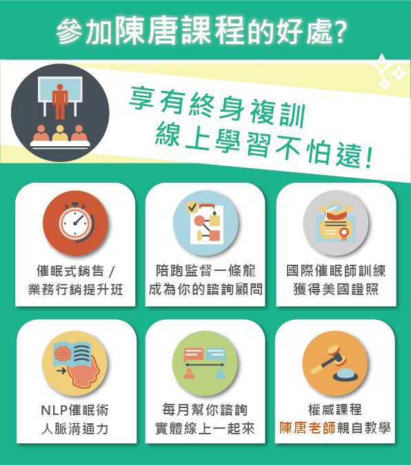 這是一頁式廣告參加陳唐課程的好處，享有終身複訓與線上學習的支持，包括催眠式銷售、顧問陪跑、國際催眠師訓練、NLP催眠術等課程內容。