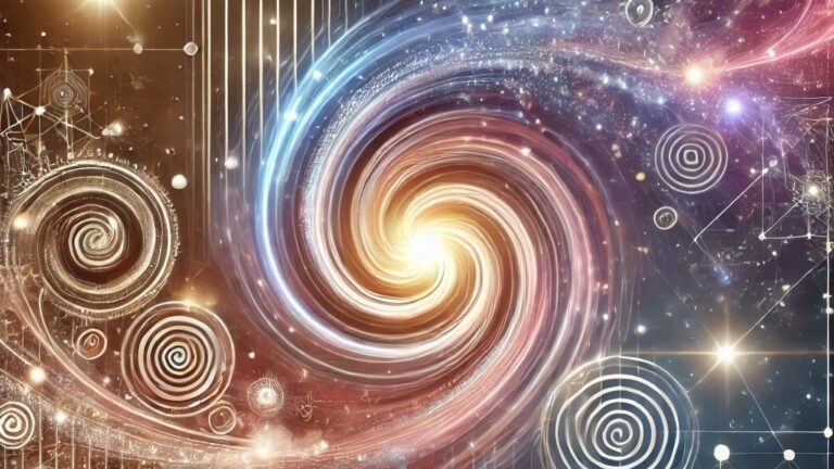 量子漩渦與宇宙能量」圖像，展示出宇宙背景中的多重螺旋與能量流動，象徵著量子催眠與宇宙的神秘連結。