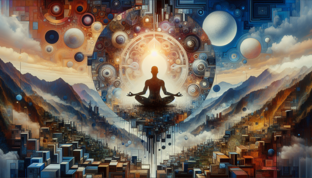 禪繞冥想回溯工作坊：陳唐老師帶領的禪修者靜坐冥想，以宇宙與山脈背景象徵內在力量與意識的探索